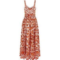 Orange Long Dress with Bodice with Built-In Cups and All-Over Maiolica Print in Cotton Woman