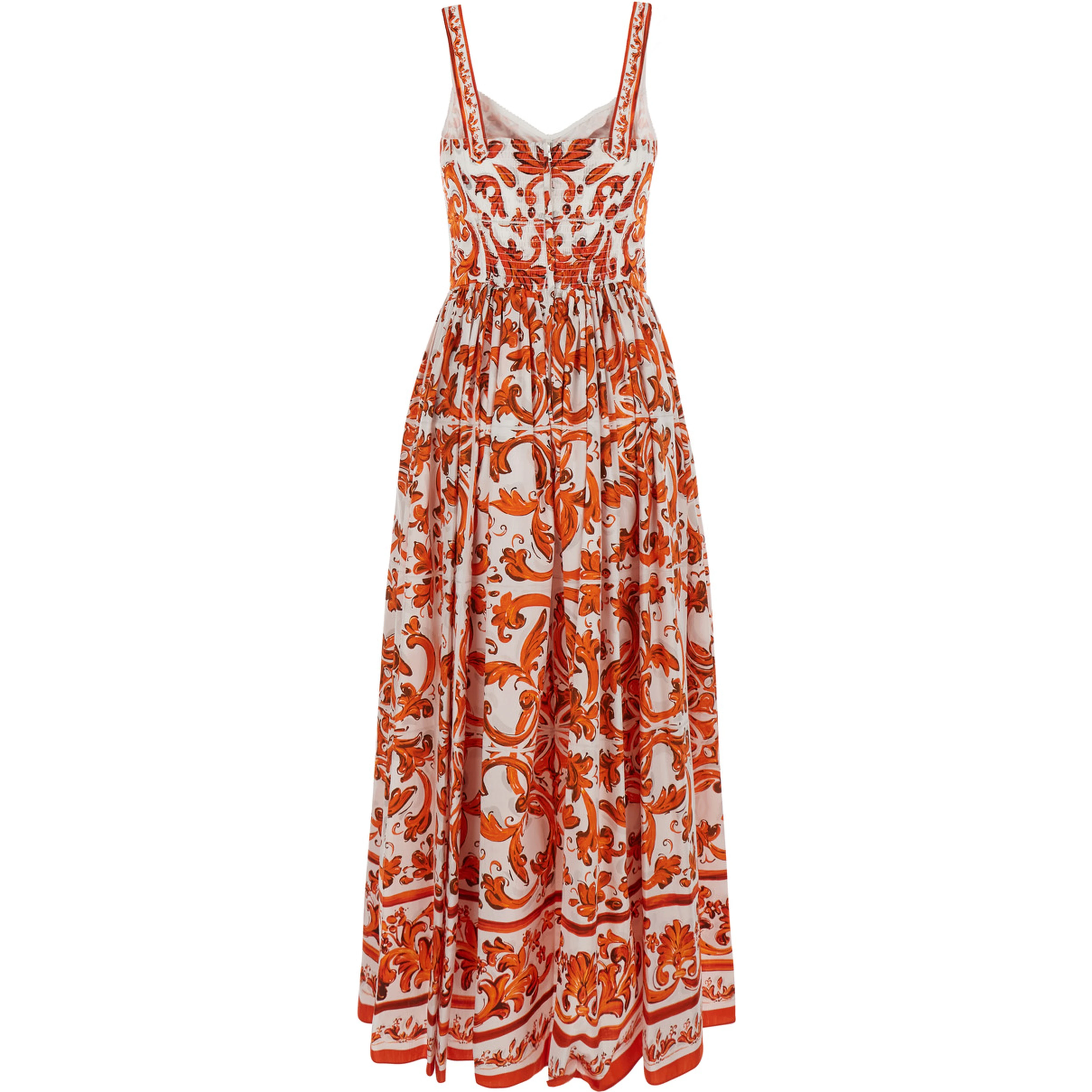 Orange Long Dress with Bodice with Built-In Cups and All-Over Maiolica Print in Cotton Woman