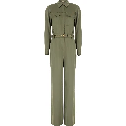 Green Jumpsuit with classic collar and buckled belt in tech fabric for women