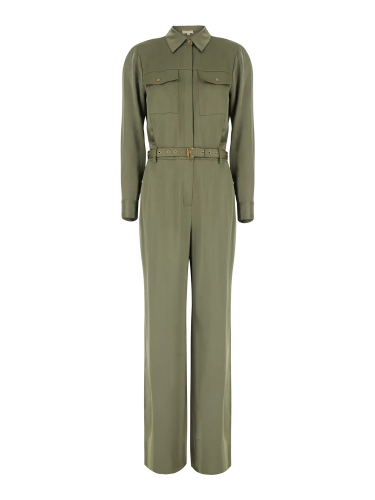 Green Jumpsuit with classic collar and buckled belt in tech fabric for women