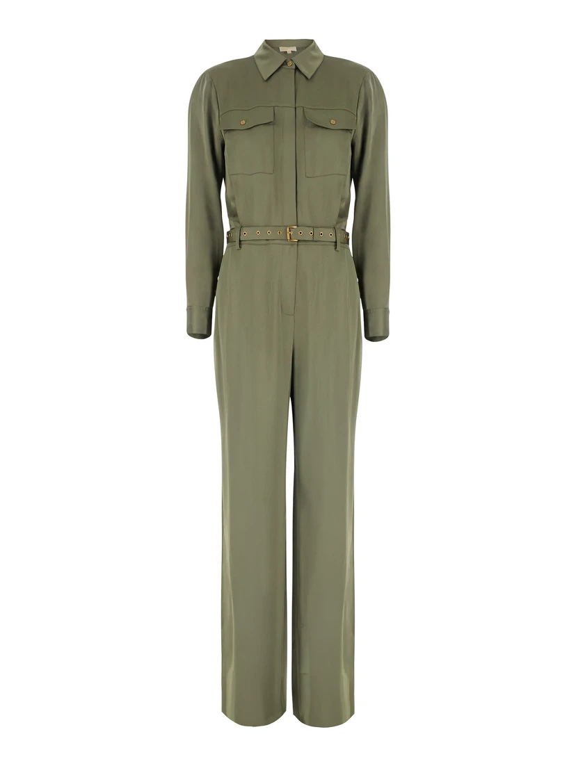 Green Jumpsuit with classic collar and buckled belt in tech fabric for women