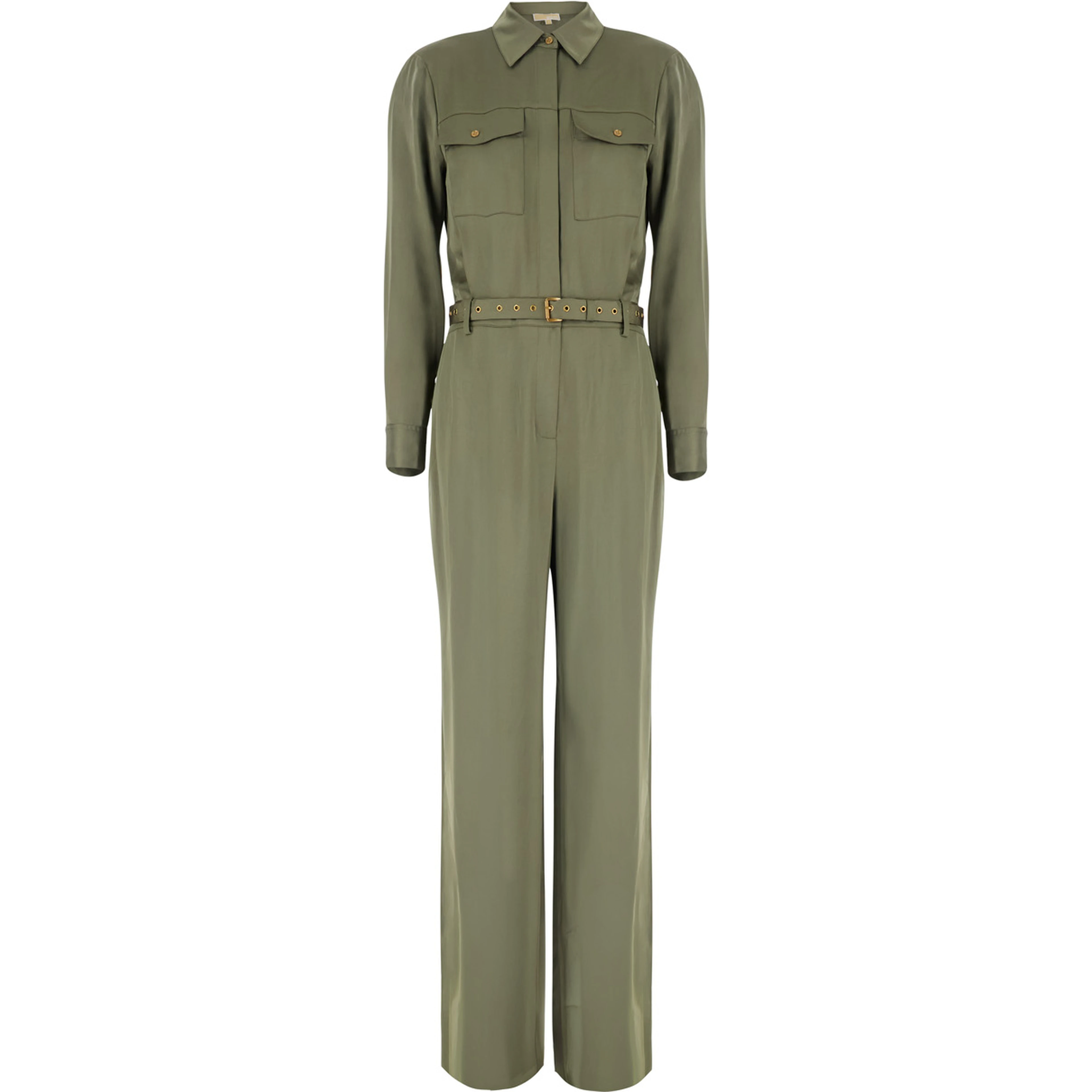 Green Jumpsuit with classic collar and buckled belt in tech fabric for women