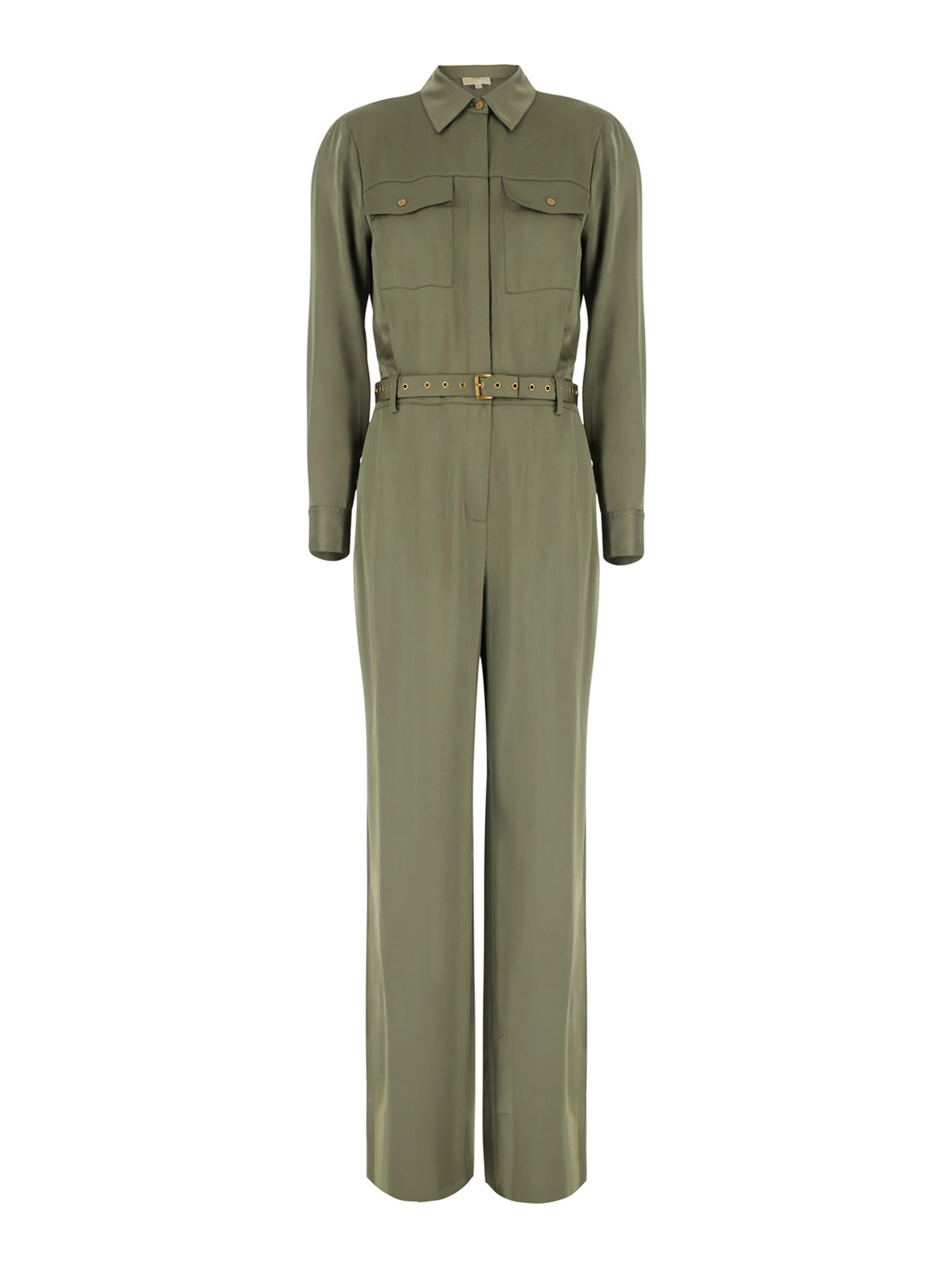 Green Jumpsuit with classic collar and buckled belt in tech fabric for women