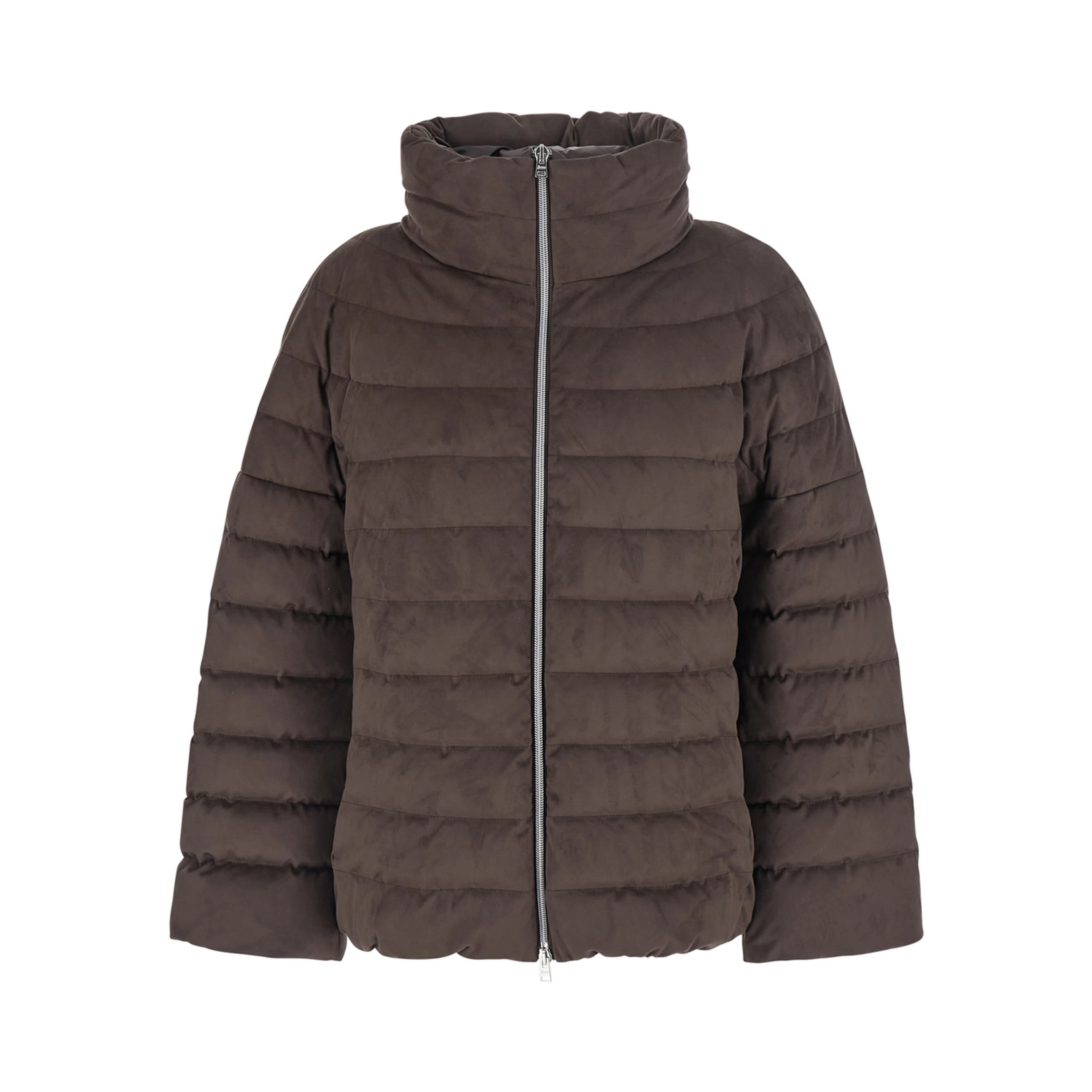 brown Down jacket with high collar and design in faux suede in fabric for women