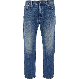 Blue Jeans with logo patch on the back and faded design in denim for men