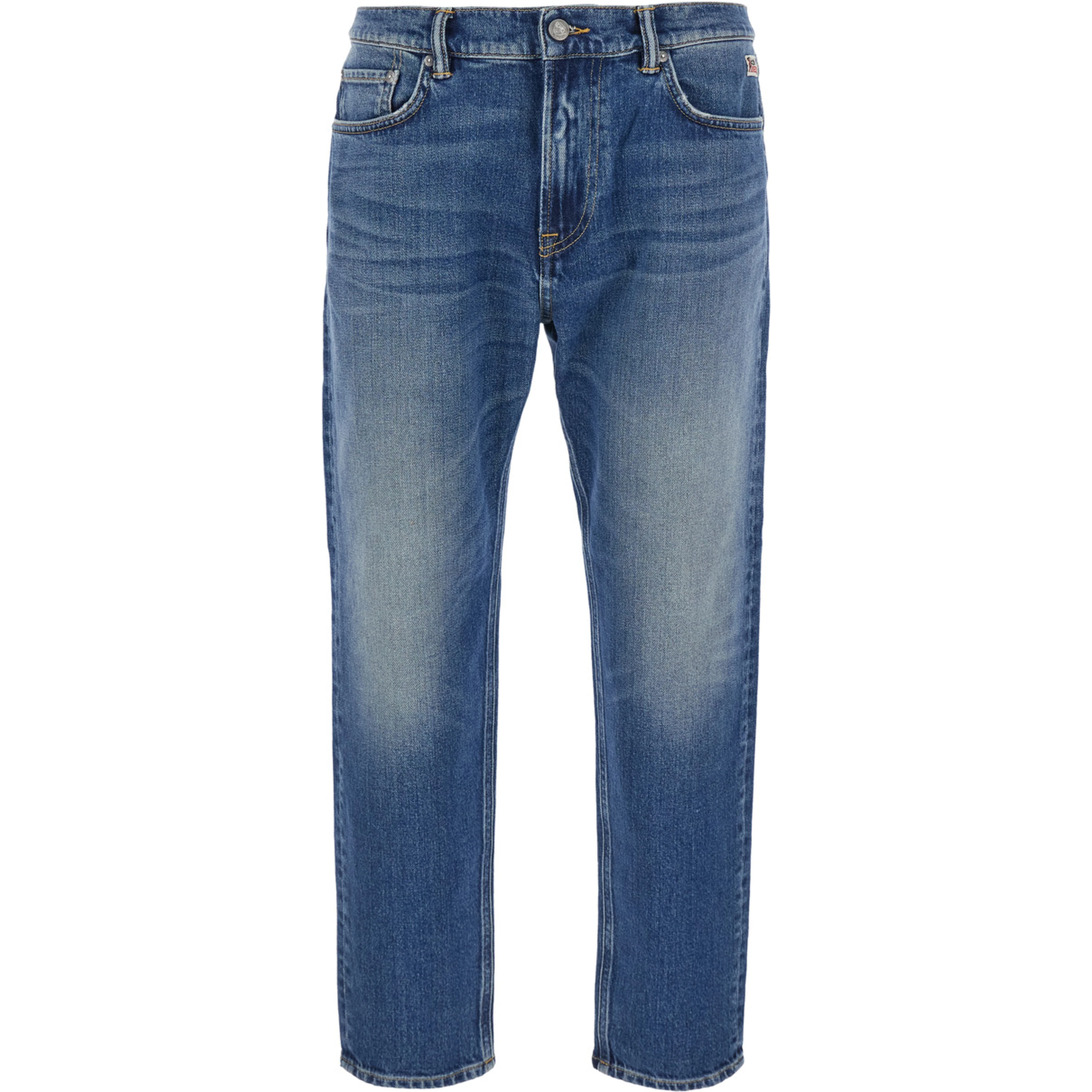 Blue Jeans with logo patch on the back and faded design in denim for men