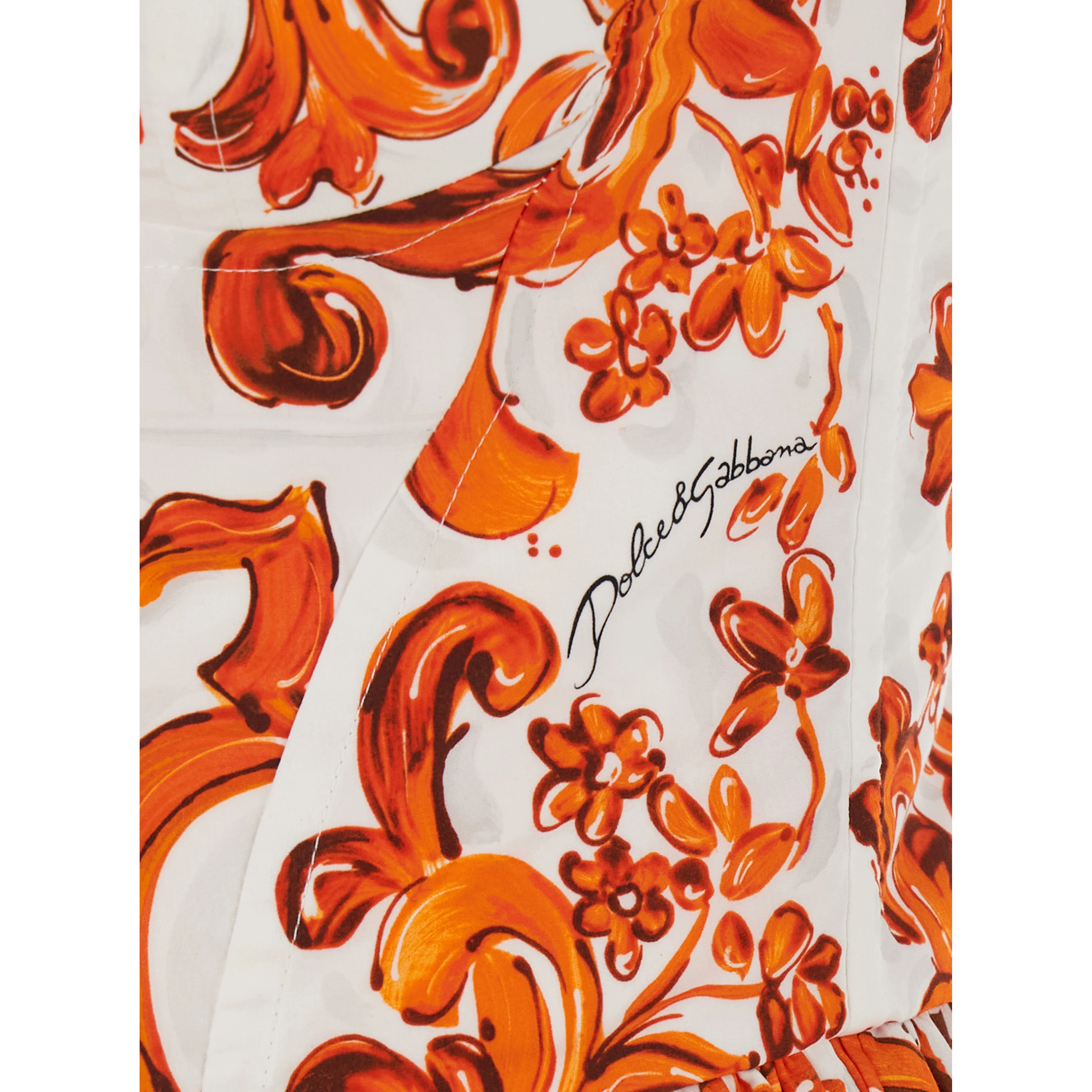 Orange Long Dress with Bodice with Built-In Cups and All-Over Maiolica Print in Cotton Woman