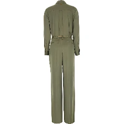 Green Jumpsuit with classic collar and buckled belt in tech fabric for women