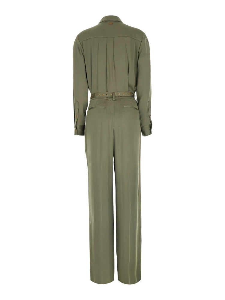 Green Jumpsuit with classic collar and buckled belt in tech fabric for women alternative