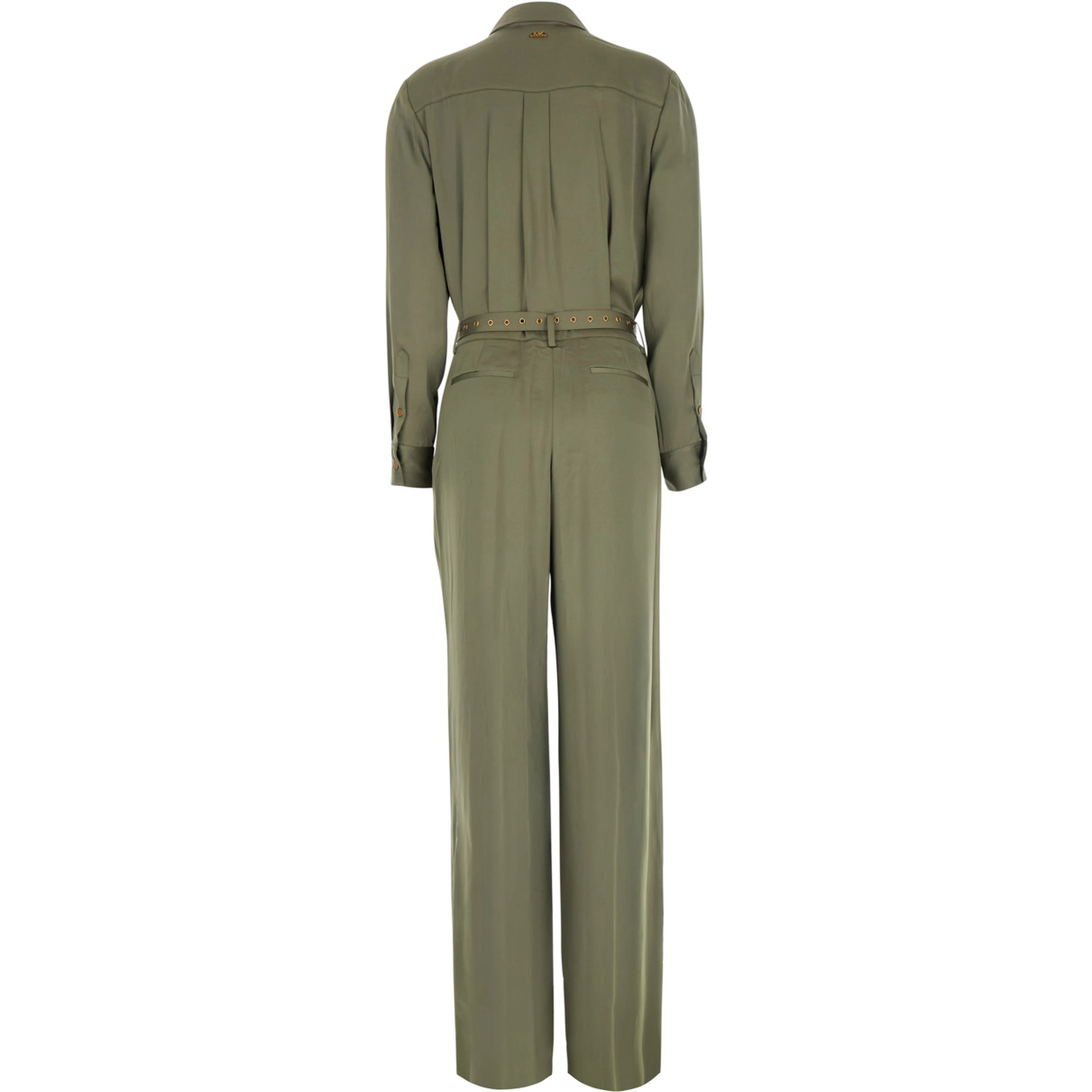 Green Jumpsuit with classic collar and buckled belt in tech fabric for women
