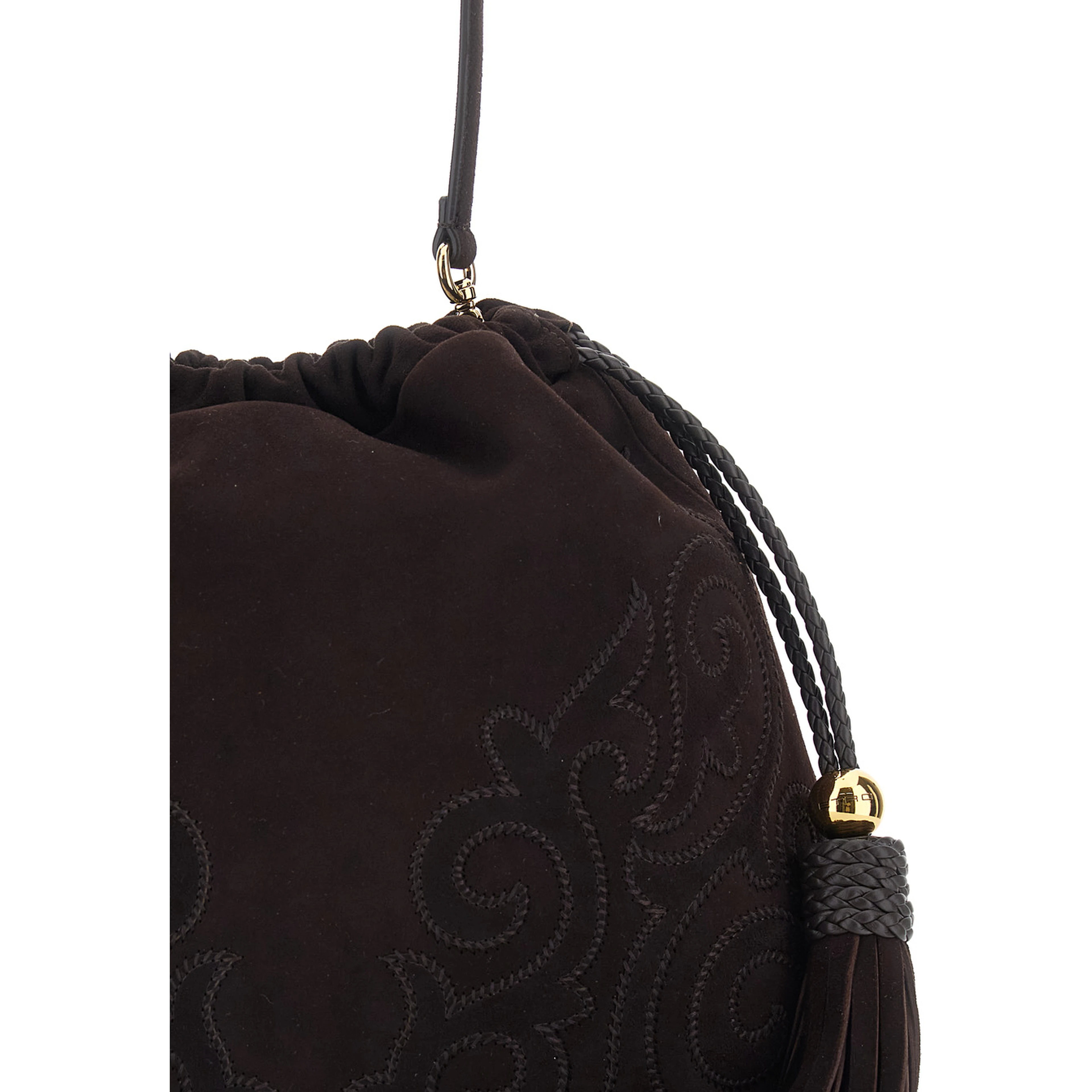Kalispera Brown Shoulder bag with Drawstring Closure and Tassels on the Front in Suede for Women
