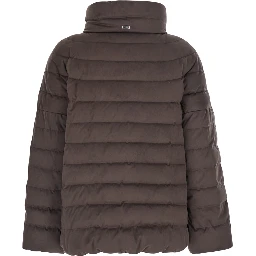 brown Down jacket with high collar and design in faux suede in fabric for women
