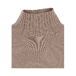 beige Dress with high collar and rhinestone details in wool and silk Blend women