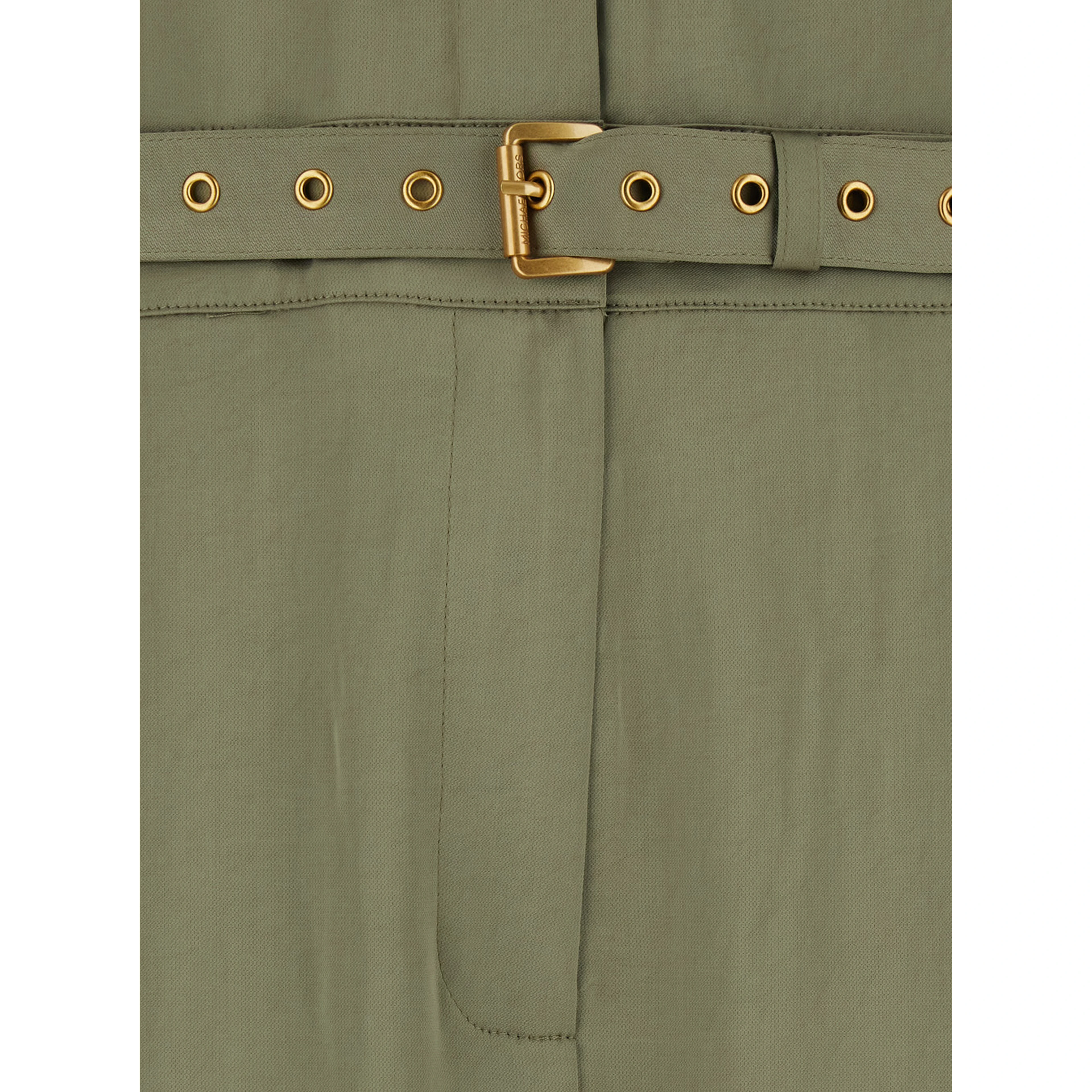 Green Jumpsuit with classic collar and buckled belt in tech fabric for women