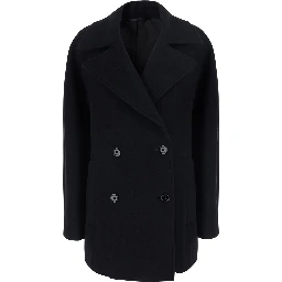 Black Double-breasted Jacket with Notched Revers in Wool Blend Women