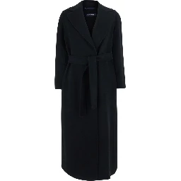 Poldo Black Coat with Notched revers and front belt closure in wool for women