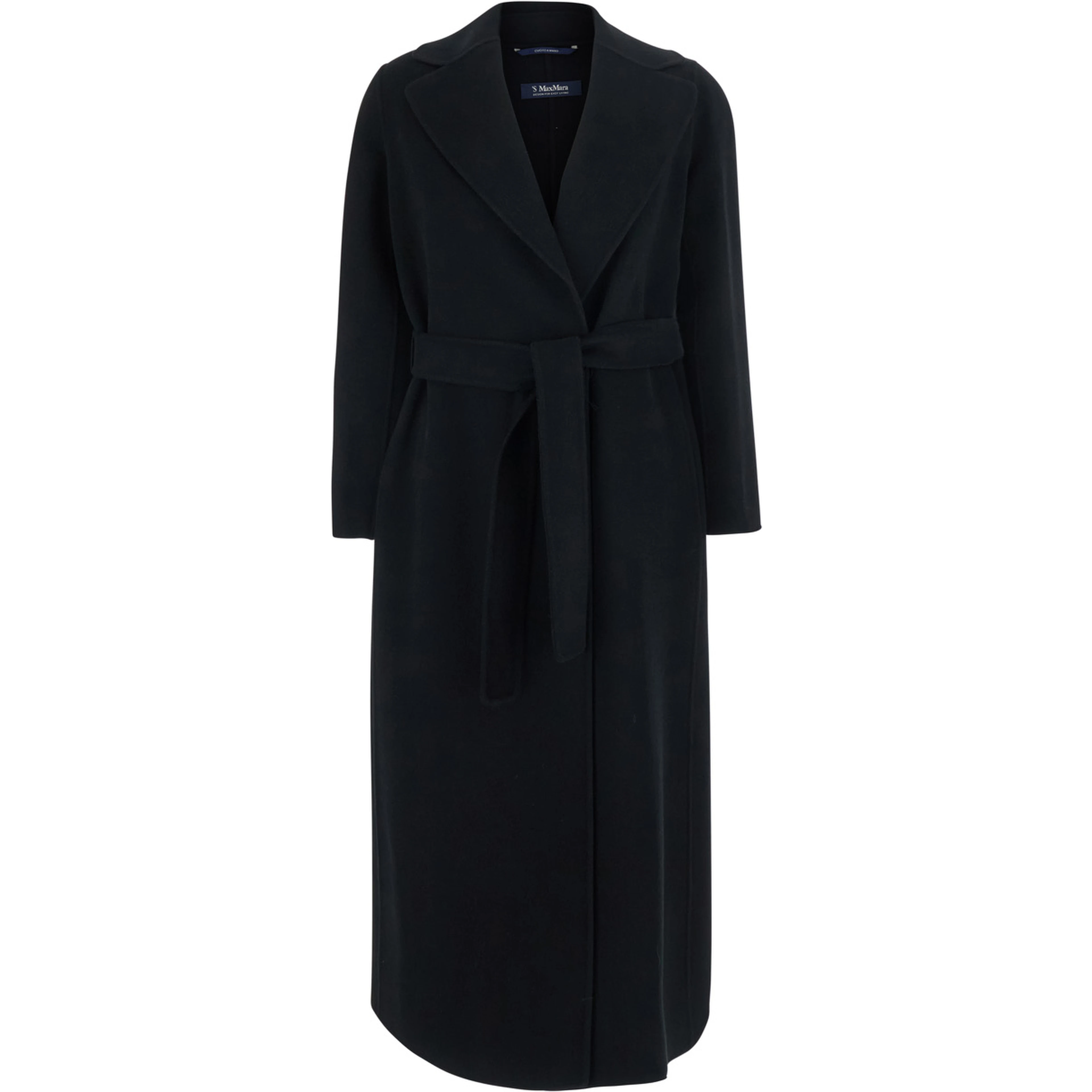 Poldo Black Coat with Notched revers and front belt closure in wool for women