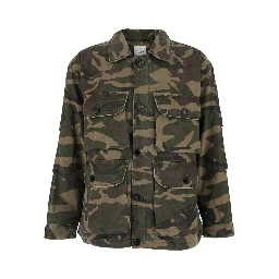 Green Jacket with Classic Collar and All-Over Camouflage Print in Cotton for Men