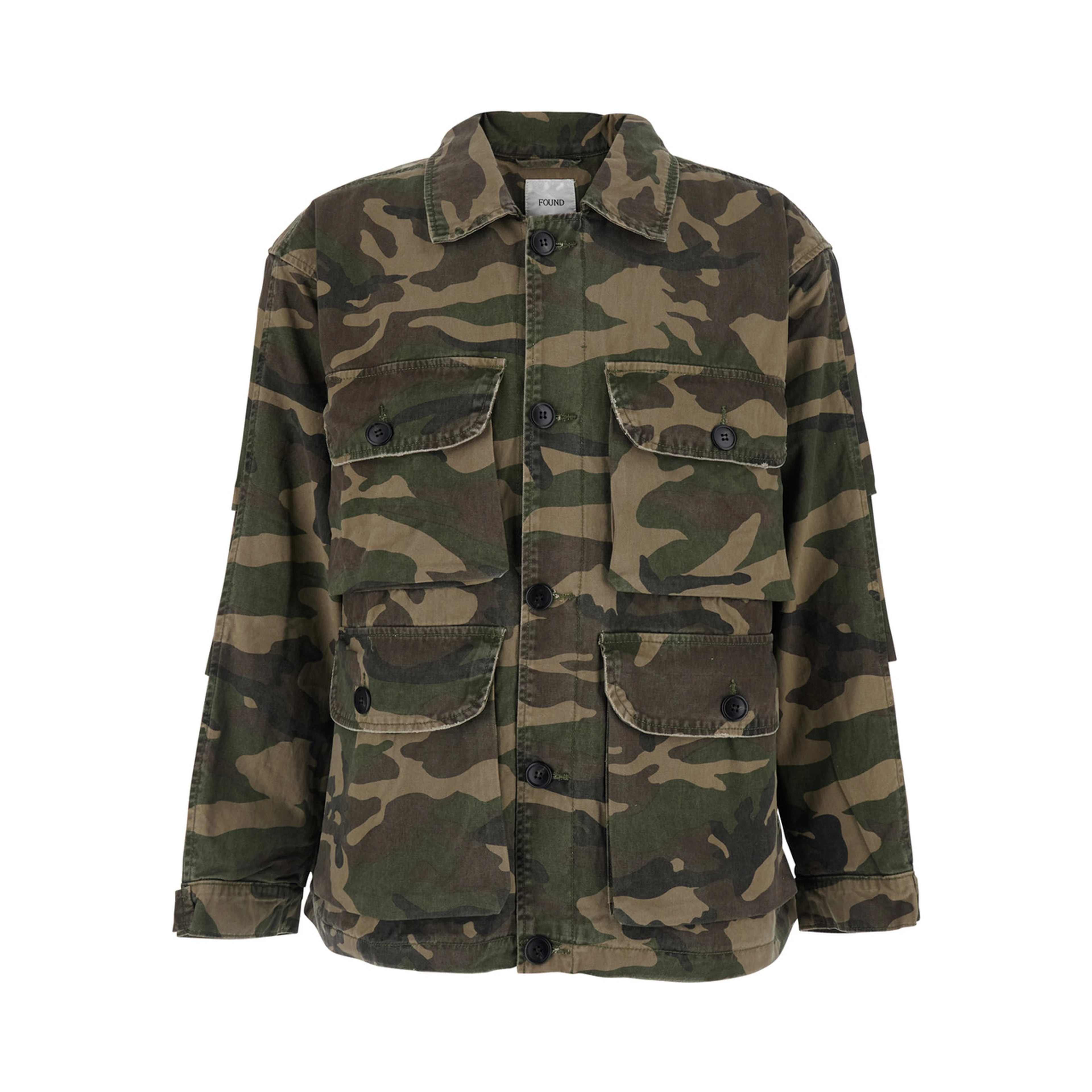 Green Jacket with Classic Collar and All-Over Camouflage Print in Cotton for Men