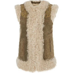 beige Shearling coat with maxi embroidery on the back in fur for women