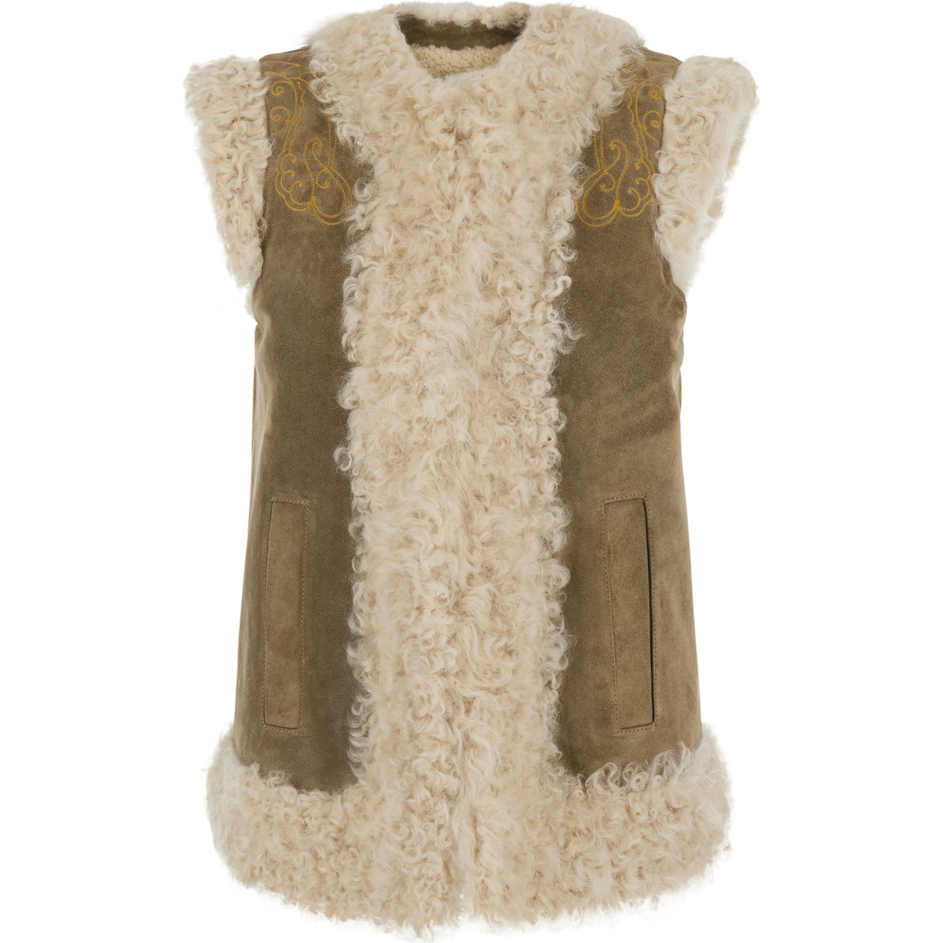 beige Shearling coat with maxi embroidery on the back in fur for women