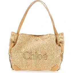 Chloe Clover Beige tote bag with Logo Lettering on the Front and Adjustable Chain Strap in Fabric for Women