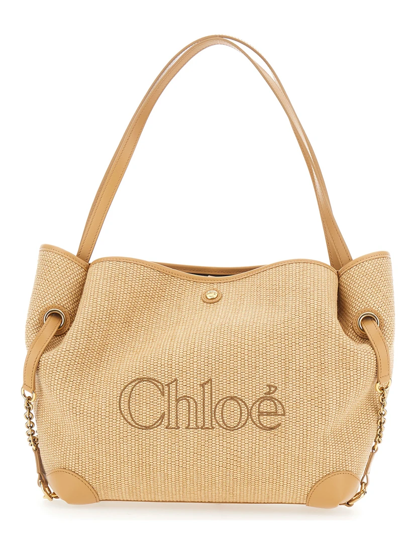 Chloe Clover Beige tote bag with Logo Lettering on the Front and Adjustable Chain Strap in Fabric for Women