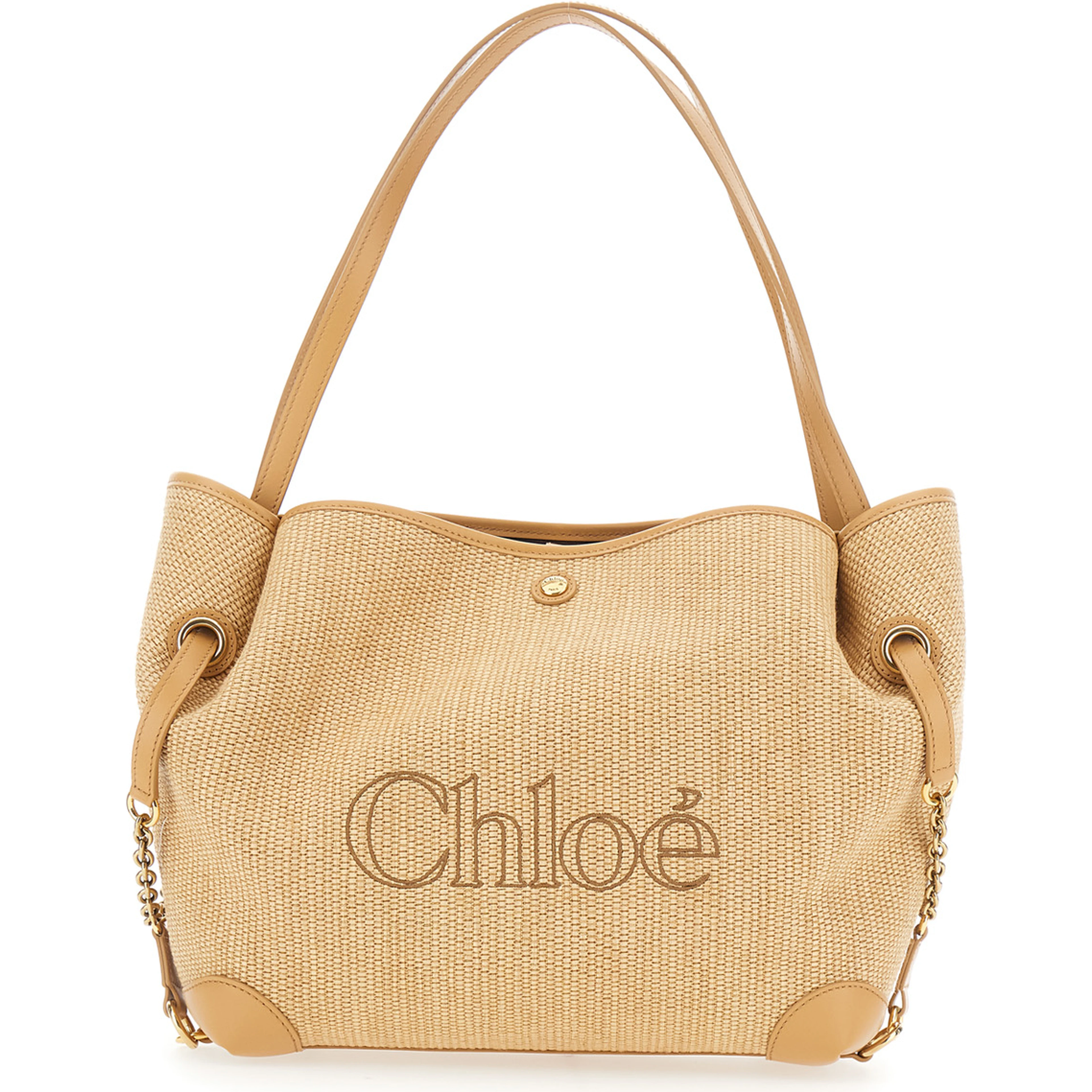 Chloe Clover Beige tote bag with Logo Lettering on the Front and Adjustable Chain Strap in Fabric for Women