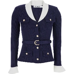 blue Cardigan with ribbed texture and long sleeves in fabric and cotton woman