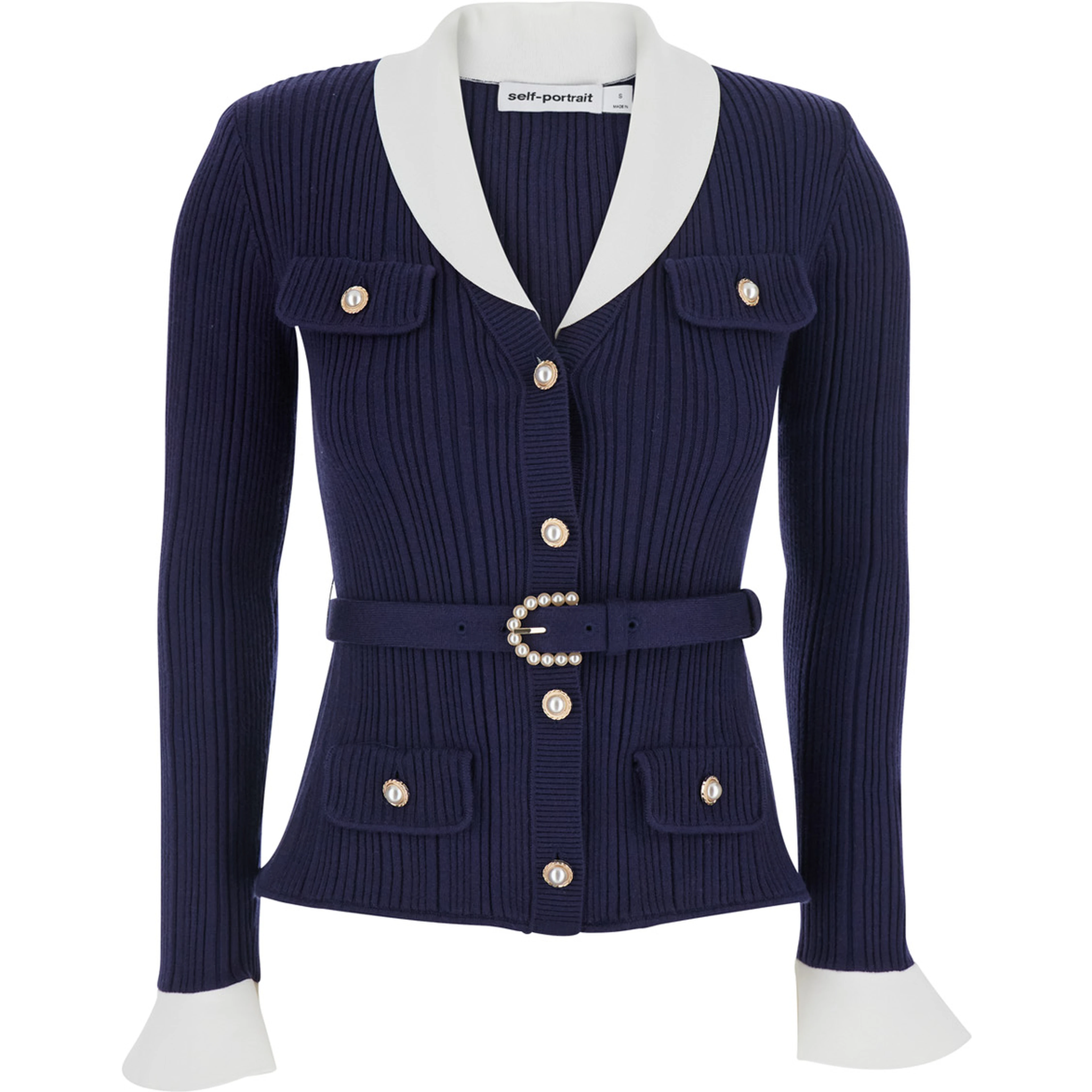 blue Cardigan with ribbed texture and long sleeves in fabric and cotton woman