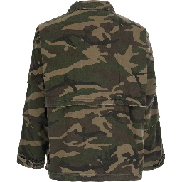 Green Jacket with Classic Collar and All-Over Camouflage Print in Cotton for Men