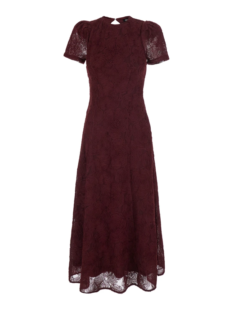 Bordeaux Long dress with floral embroidery and flared skirt in Tech Fabric stretch for women