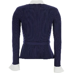 blue Cardigan with ribbed texture and long sleeves in fabric and cotton woman