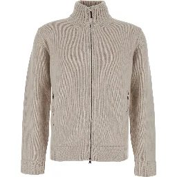 white Cardigan with high collar and zip closure in merino wool for men