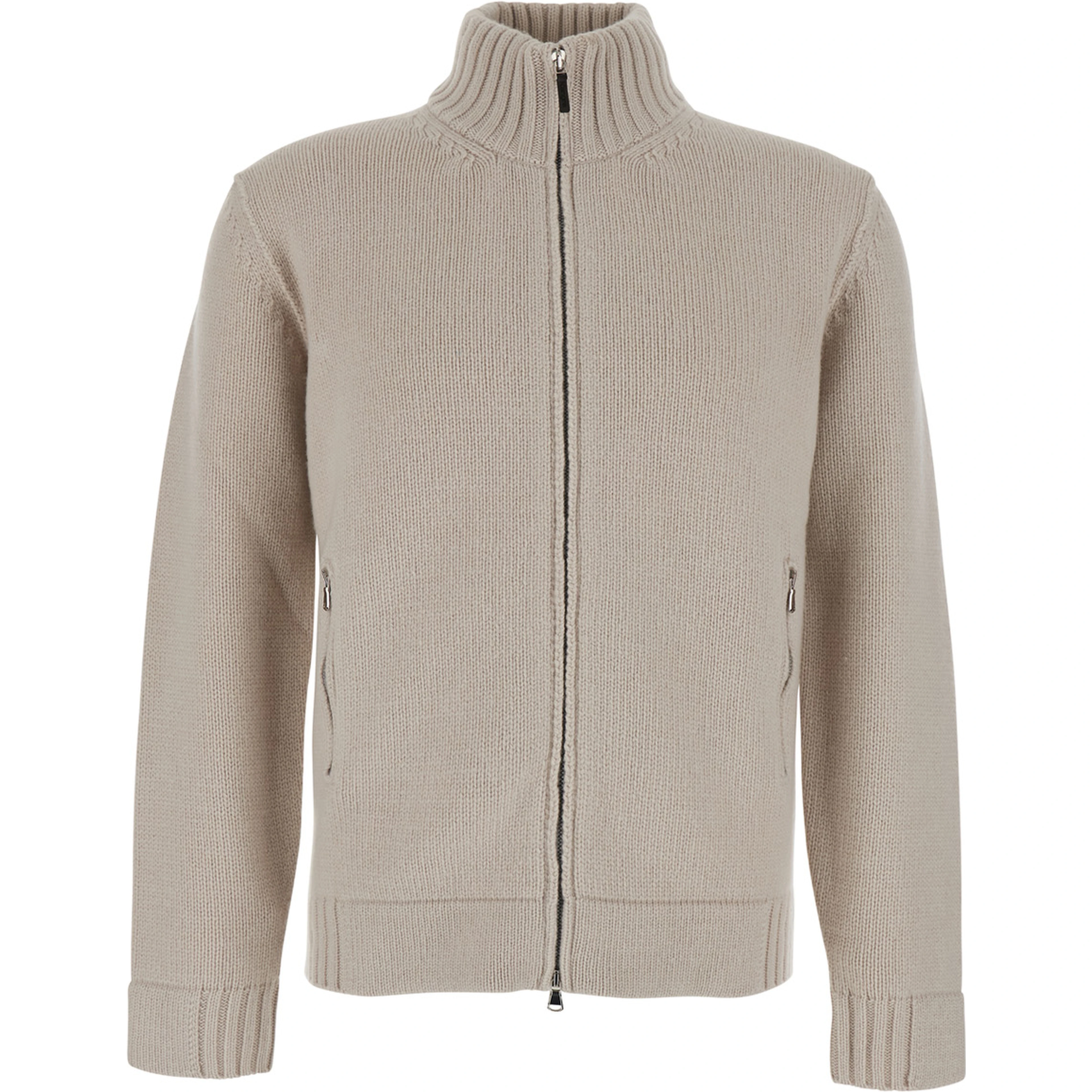 white Cardigan with high collar and zip closure in merino wool for men