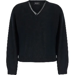 Black V-neck Sweater with Ribbed Edges in Wool and Cotton for Women