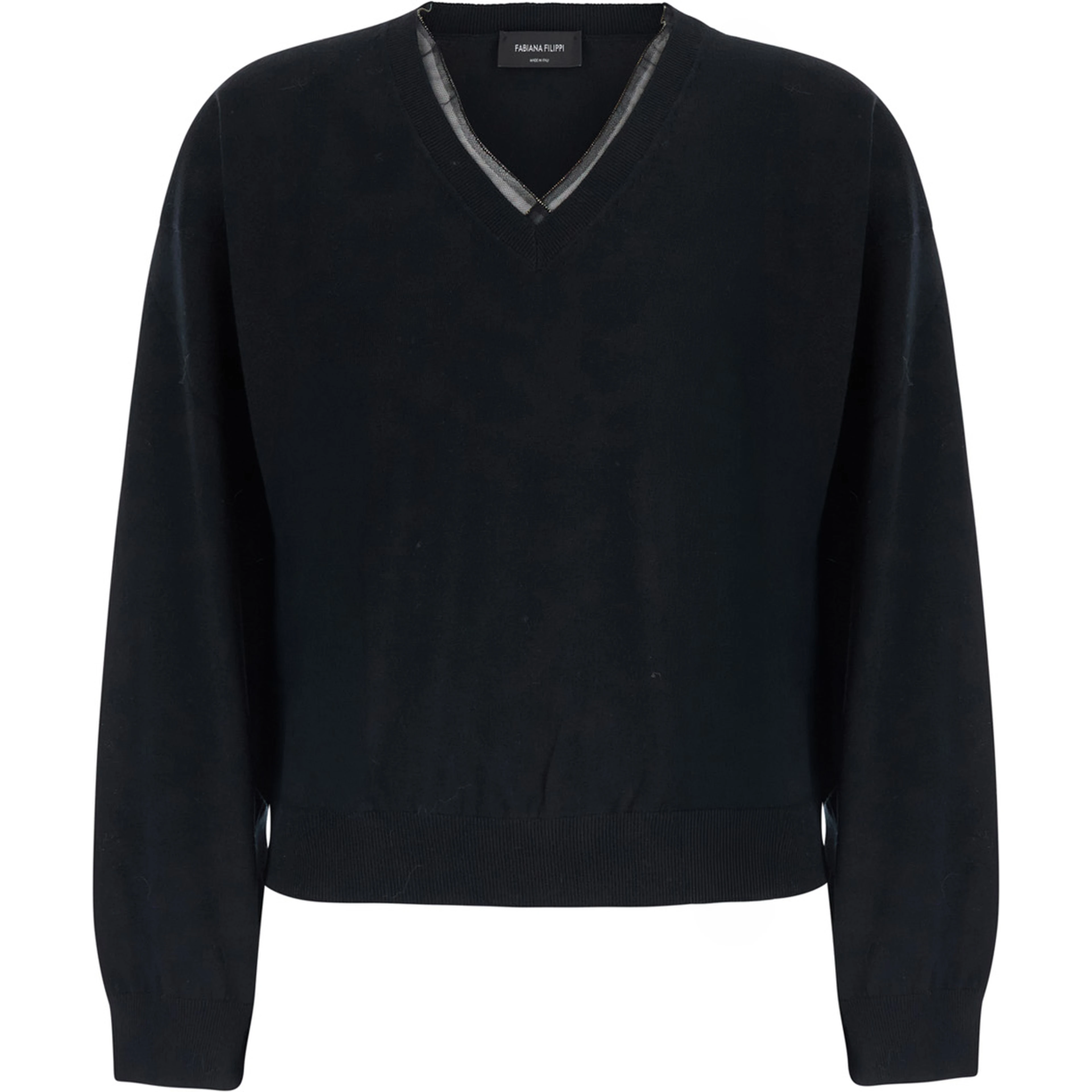 Black V-neck Sweater with Ribbed Edges in Wool and Cotton for Women