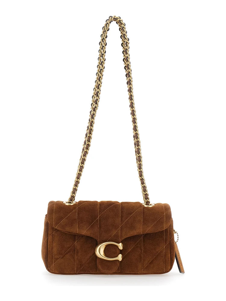 Brown Crossbody bag with Chain Handles and Logo Plaque on Front in Quilted Suede for Women