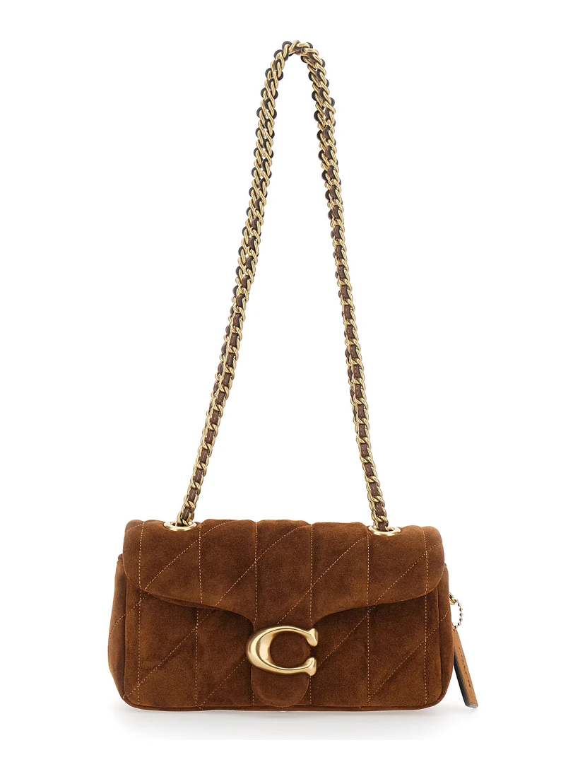 Brown Crossbody bag with Chain Handles and Logo Plaque on Front in Quilted Suede for Women