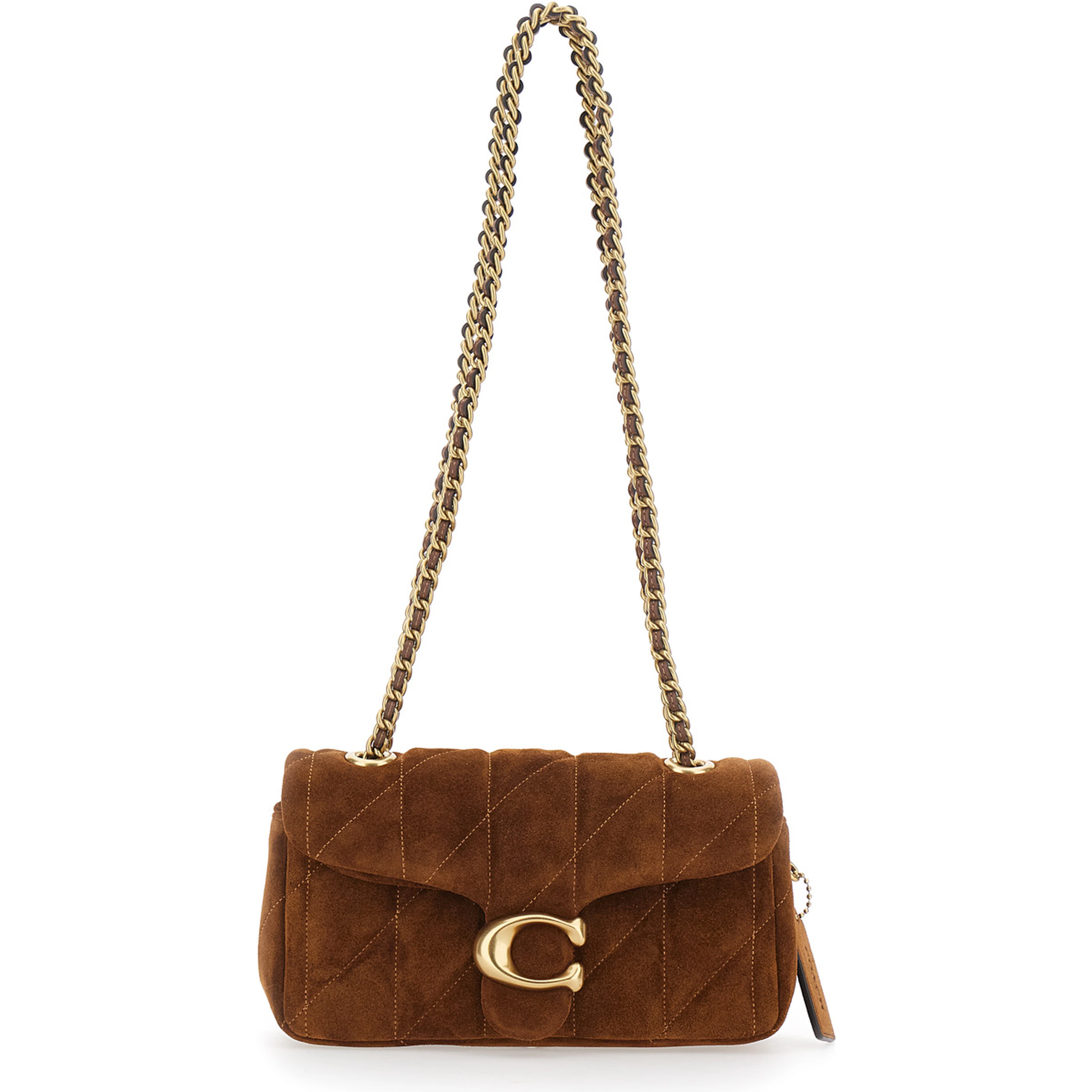 Brown Crossbody bag with Chain Handles and Logo Plaque on Front in Quilted Suede for Women