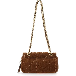 Brown Crossbody bag with Chain Handles and Logo Plaque on Front in Quilted Suede for Women