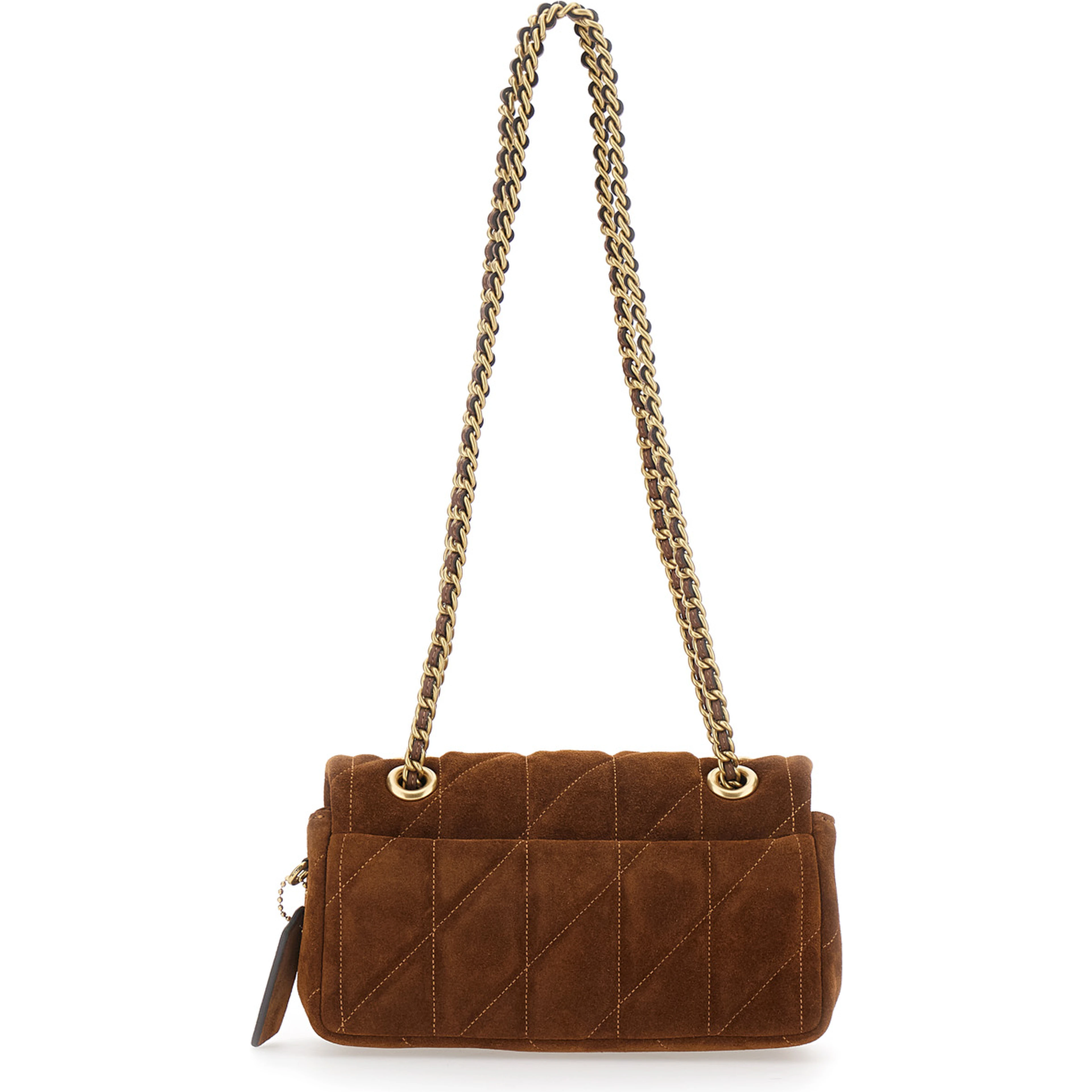 Brown Crossbody bag with Chain Handles and Logo Plaque on Front in Quilted Suede for Women