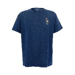 Blue Crew Neck T-Shirt with Logo Patch on the Front and Denim Effect in Cotton for Men
