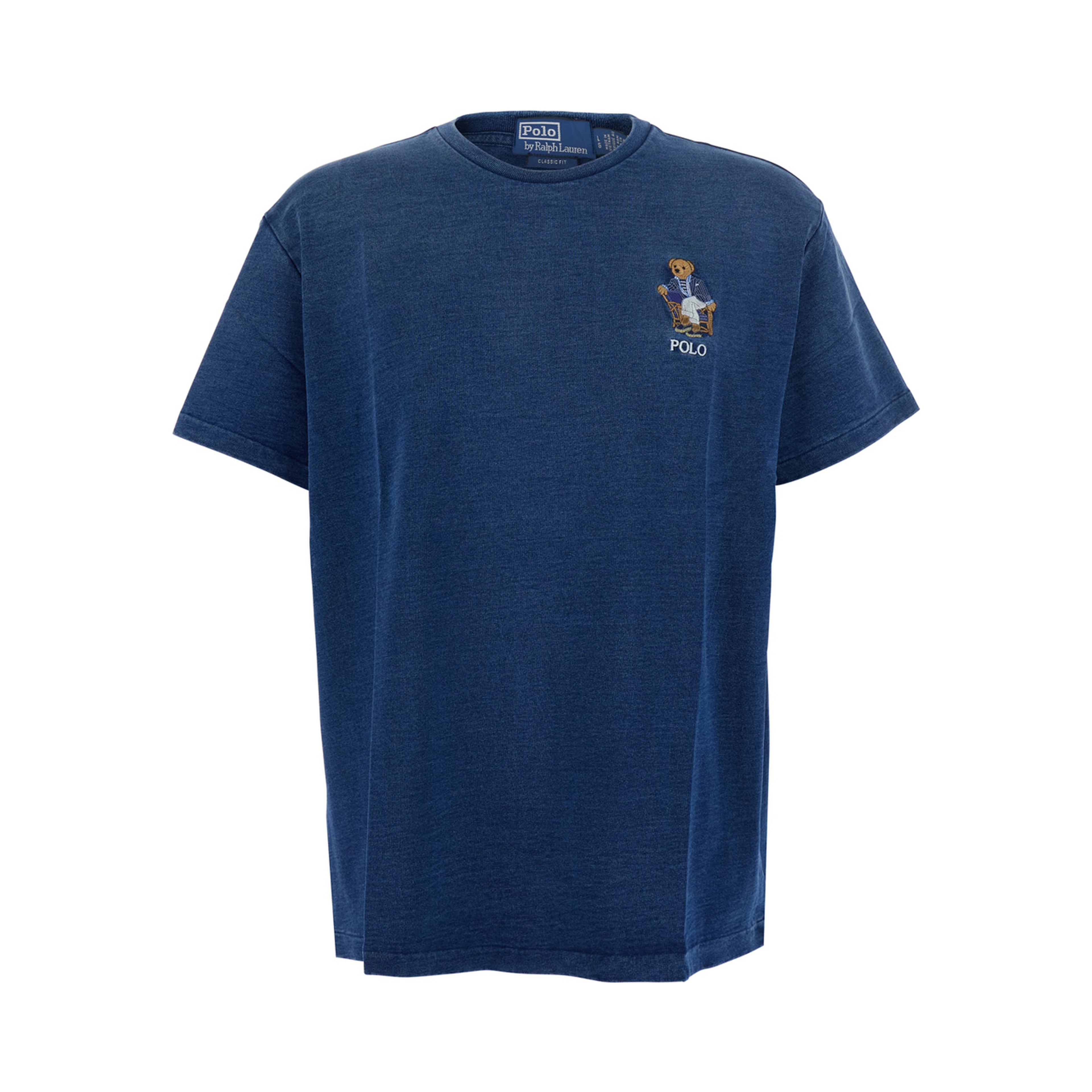 Blue Crew Neck T-Shirt with Logo Patch on the Front and Denim Effect in Cotton for Men