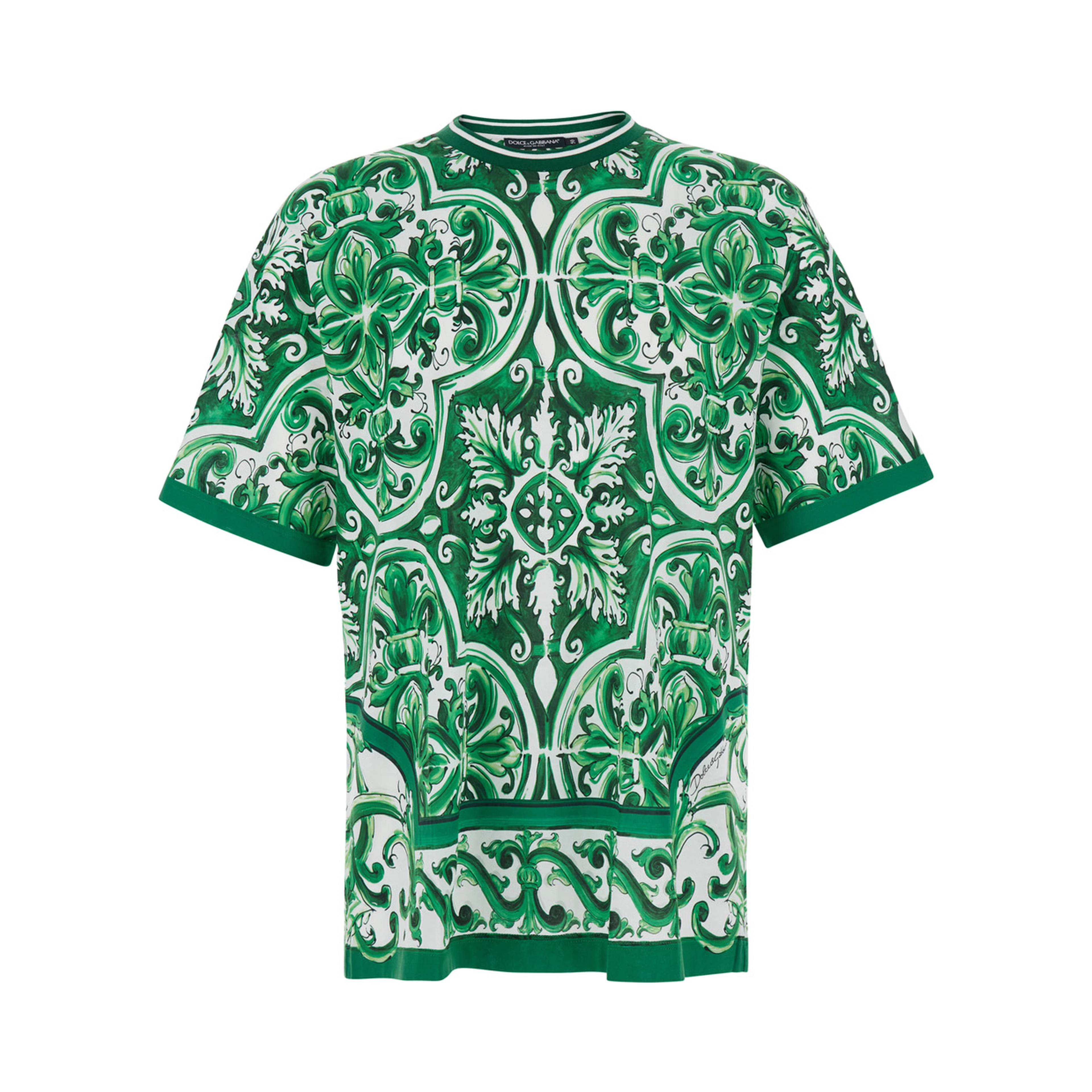 green T-shirt with all-over Maiolica print in cotton for men