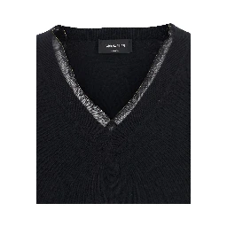 Black V-neck Sweater with Ribbed Edges in Wool and Cotton for Women