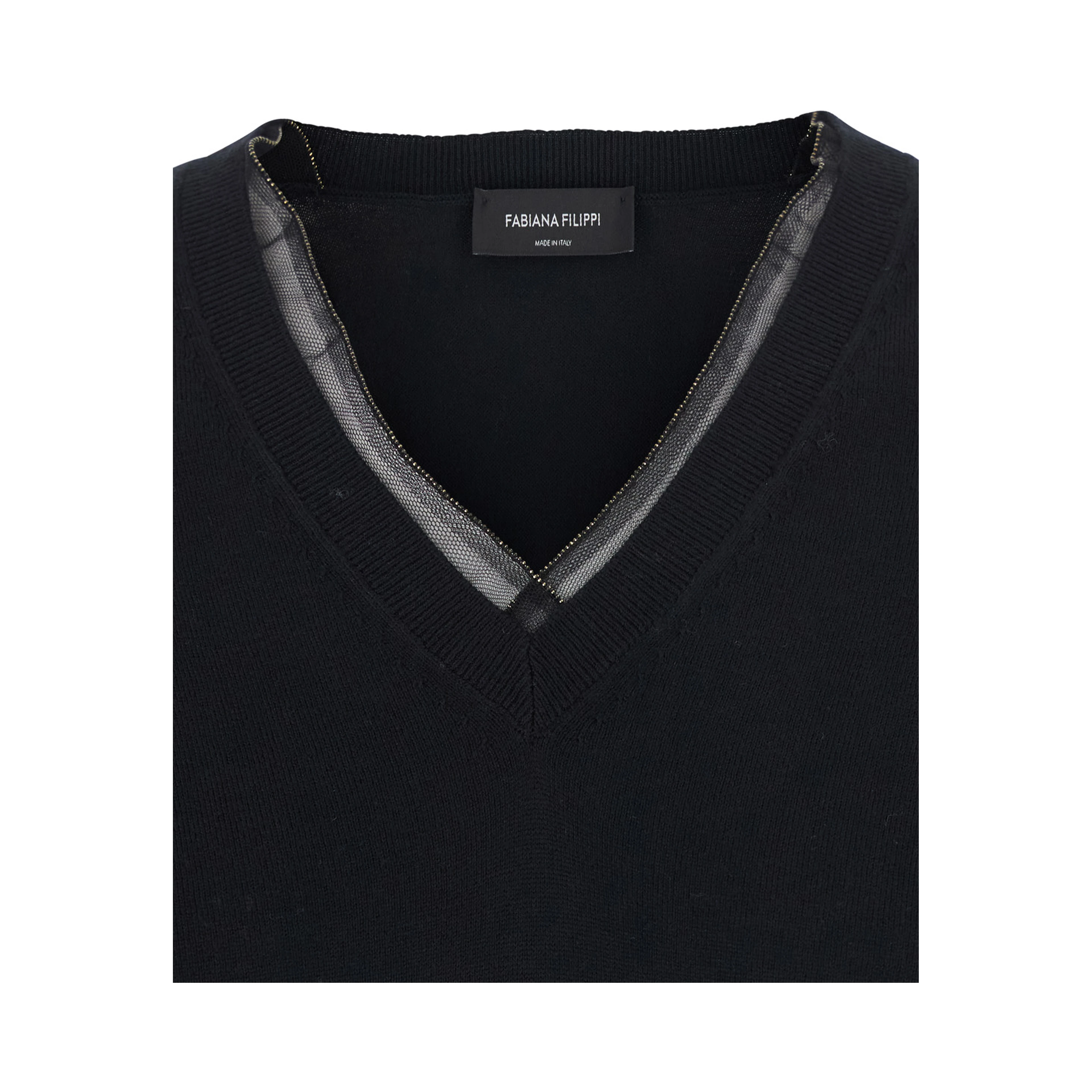 Black V-neck Sweater with Ribbed Edges in Wool and Cotton for Women