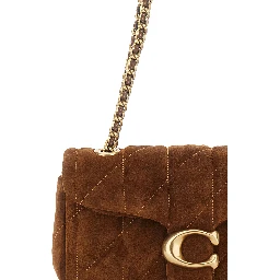 Brown Crossbody bag with Chain Handles and Logo Plaque on Front in Quilted Suede for Women