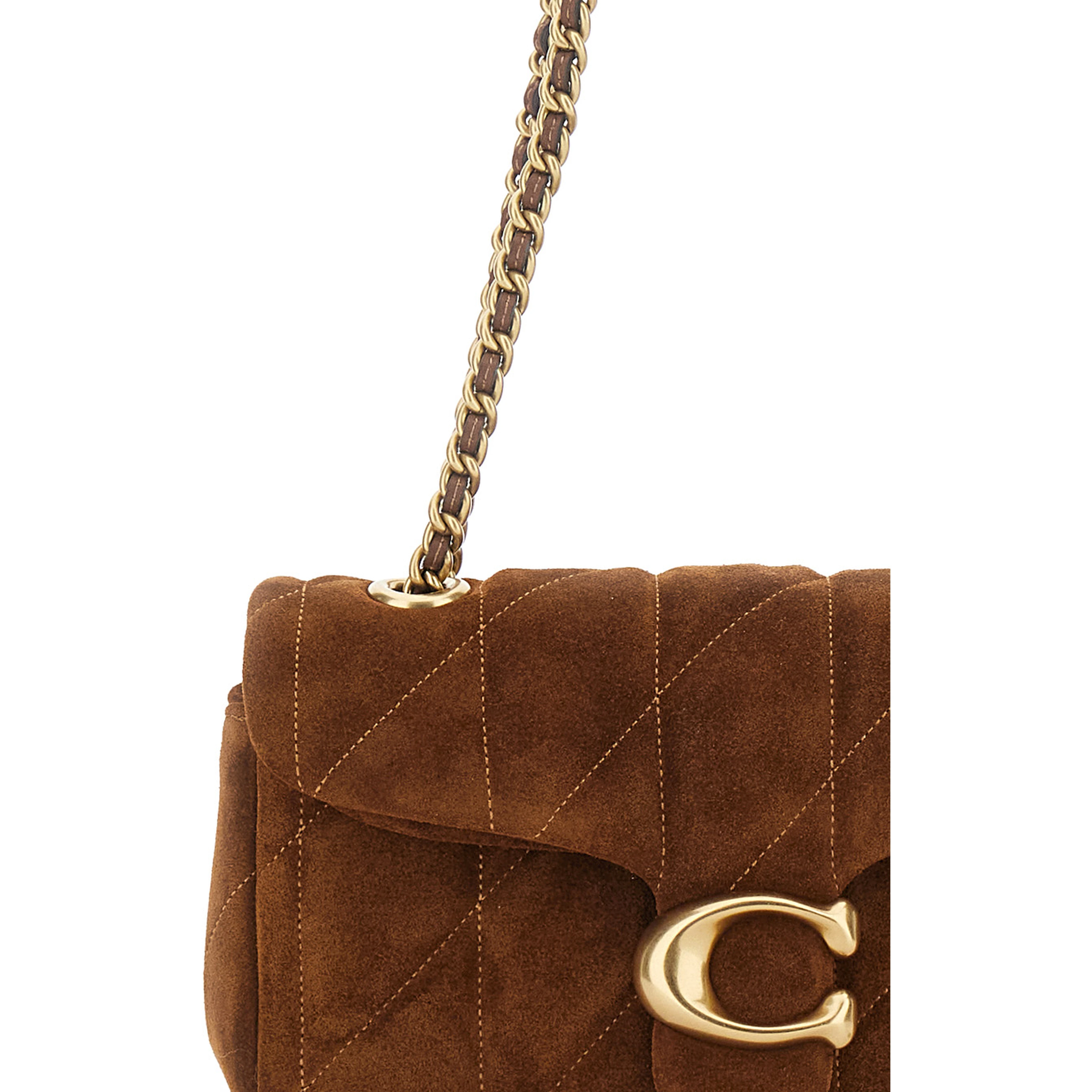 Brown Crossbody bag with Chain Handles and Logo Plaque on Front in Quilted Suede for Women