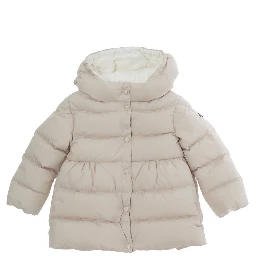 Charlotte Pink Down Jacket with hood and logo patch on the sleeve in Tech Fabric Baby